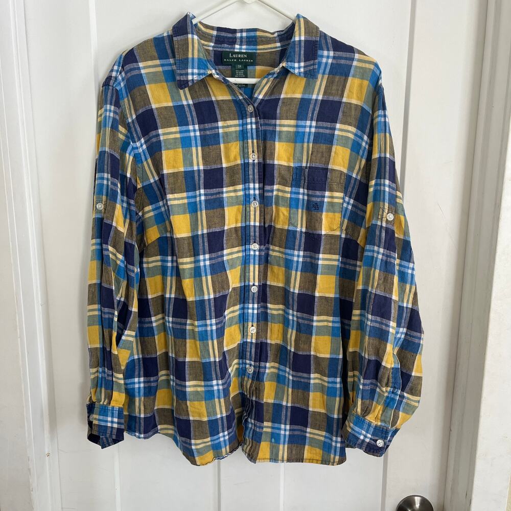 Lauren Ralph Lauren Roll Sleeve Button Up Shirt Linen Plaid BlueYellow Women 3XL
